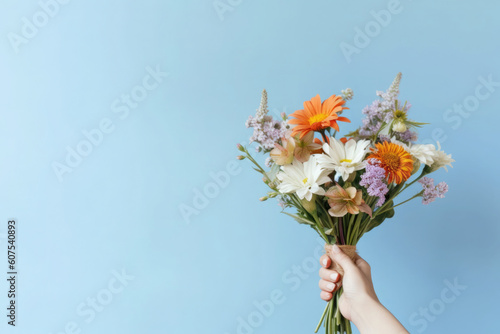 Hand einer Frau hält bunten Blumenstrauß auf blauem Hintergrund - Mit Platz für Text oder Produkt