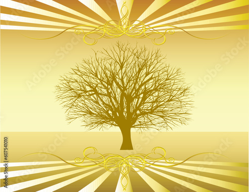 Vector Single tree over bare landscape with decorative elements on top and bottom