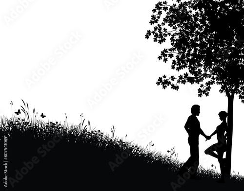 Editable vector silhouette of a young couple in a field with people, tree and grass as separate elements