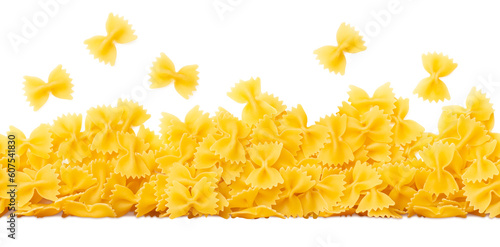 seamless tiling pasta border made of scattered Italian "farfalle" (butterflies) isolated over a transparent background, cut-out noodles or food design element, PNG
