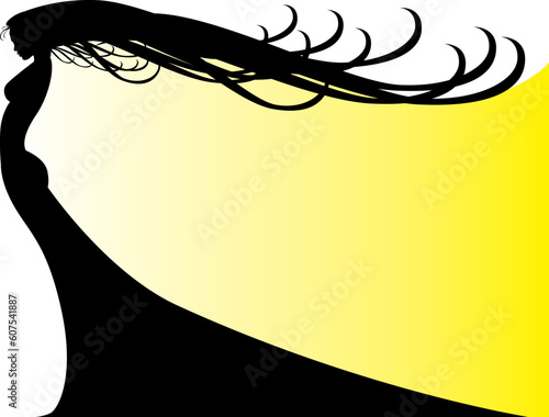 A beautiful woman with extremely long, flowing hair silhouetted on a yellow gradient.