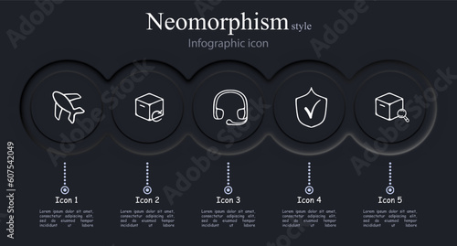 Collection of vector icons representing air cargo transportation. Cargo plane, shipping box, airport. Neomorphism style. Vector line icon for Business