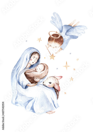 Watercolor christmas nativity scene. Christianity story with newborn jesus, mary, angel and lamb. Holy jolly christmas card
