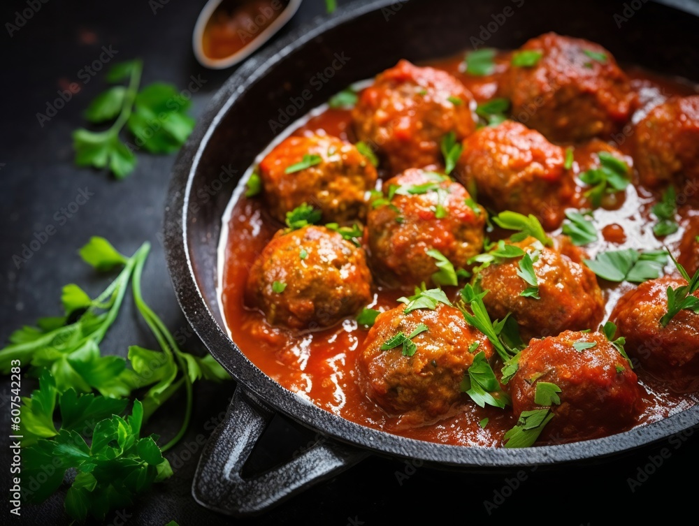 Meatballs in tomato sauce in the skillet at dark table. Flat lay top view. Meatballs in tomato sauce in the skillet at dark table. Flat lay top view.