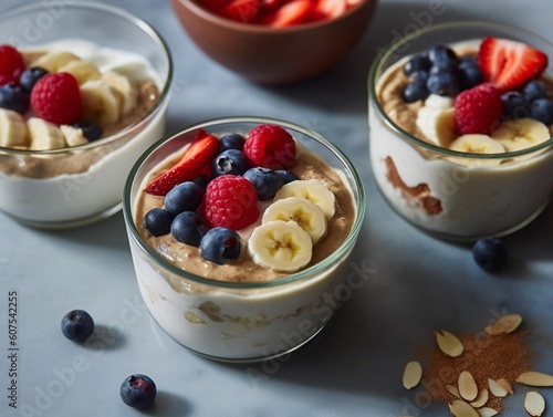 Almond butter and berries breakfast bowls with banana and yogurt, close-up