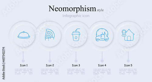 Set of vector icons representing fast food delivery. Delivery bag, burger, pizza box, french fries, soda cup. Neomorphism style. Vector line icon for Business