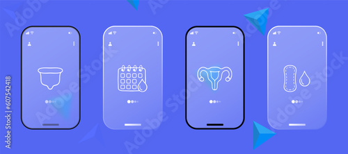 Collection of vector icons representing critical days. Calendar, female symbol, menstrual cup, pad, tampon. Glassmorphism style. Ui phone app screen