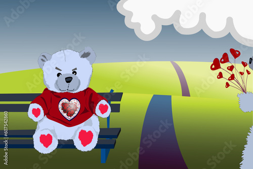 Teddy is sitting on the park bench waiting for her boyfriend to turn up the the flowers and the chocolates for a special Valentines day kissing session