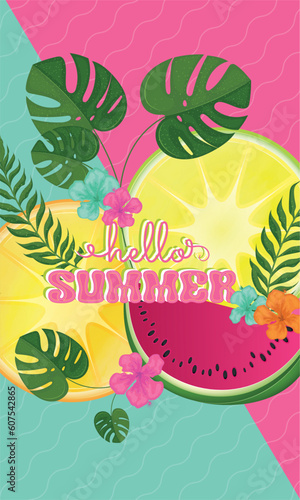 Tablou pe pânză Pair of lemons and watermelon Hello summer vertical template Vector illustration
