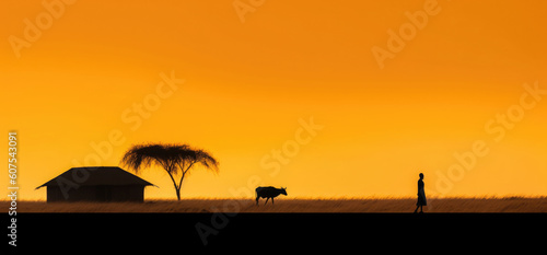 Mann in der W  ste mit H  tte  Baum und Kuh  Silhouetten auf orangenen Hintergrund - Minimalistische Illustration mit Platz f  r Text oder Produkt