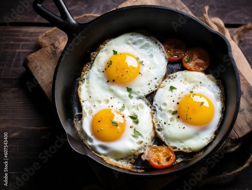 Fried eggs in a black pan, top view