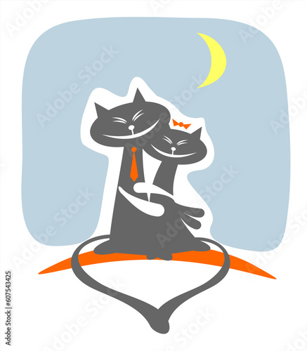 Two enamored  cats on a night background. Valentines illustration.