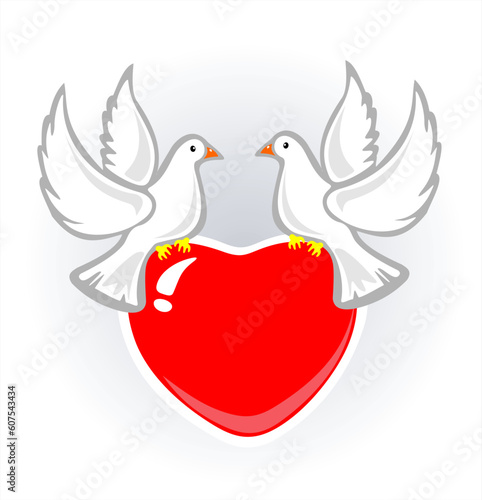 Two pigeons and heart on a white background. Valentine's illustration.