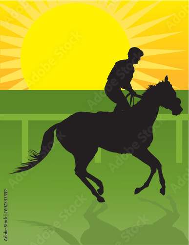 Silhouette of a jockey exercising his horse
