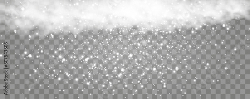 Vector illustration of flying snow on a transparent background.Natural phenomenon of snowfall or blizzard.	
