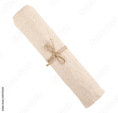 Rolled up scroll of old paper tied with rope, transparent background