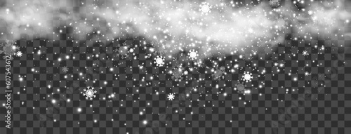 Vector illustration of flying snow on a transparent background.Natural phenomenon of snowfall or blizzard. 