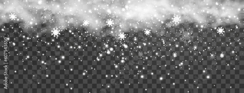Vector illustration of flying snow on a transparent background.Natural phenomenon of snowfall or blizzard.	
