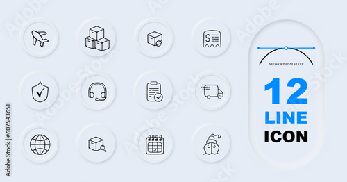 A set of vector icons representing the transportation of goods, featuring various modes of transport such as trucks. Pastel color background. Vector 12 line icon for business