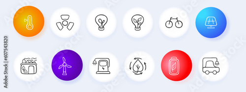 A collection of vector icons representing various forms of ecological energy, including solar power. Pastel color background. Vector line icon for business
