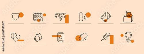 A set of vector icons representing the menstrual cycle, featuring various symbols and illustrations related to menstruation. Pastel color background. Vector line icon for business