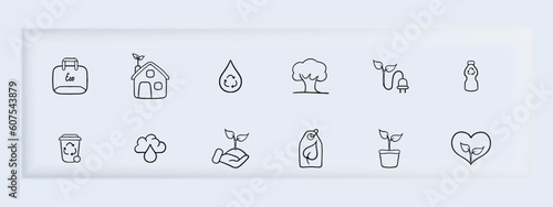 A collection of vector icons representing various forms of ecological energy, including solar power. Pastel color background. Vector line icon for business