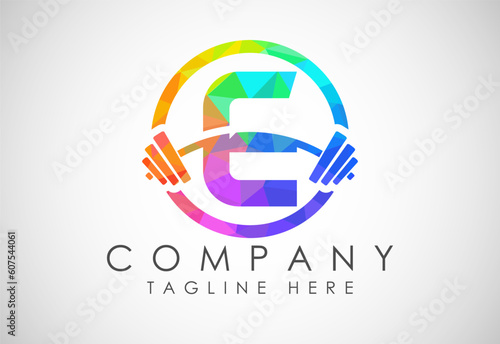 English alphabet E with a barbell low poly style. Lifting vector logo design. Vector logo for bodybuilding