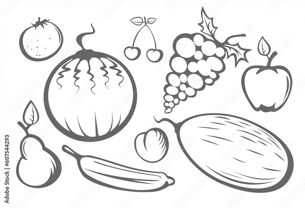 The stylized apple, peach, orange, pear, water-melon, melon, plum, cherry and grape stylized on a white background. The stylized apple, peach, orange, pear, water-melon, melon, plum, cherry and grape stylized on a white background.