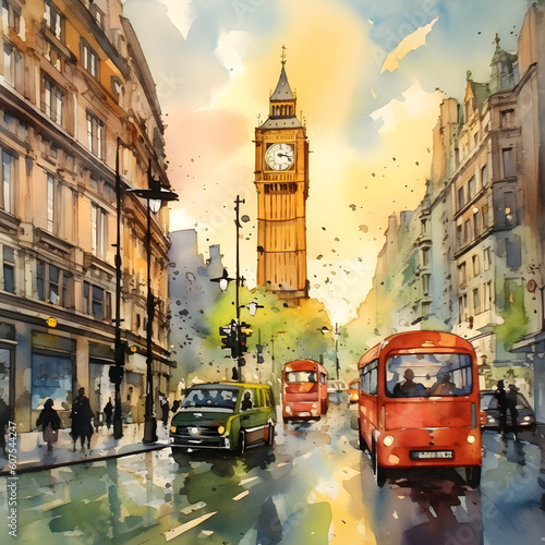 Cityscape Serenade: Watercolor Illustrations of Capital Streets Generative AI