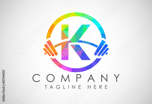 English alphabet K with a barbell low poly style. Lifting vector logo design. Vector logo for bodybuilding
