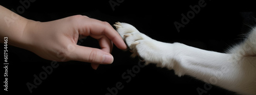 Hand hält Hundepfote isoliert auf schwarzen Hintergrund