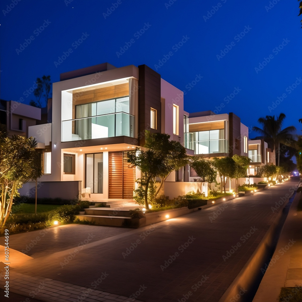 Contemporary Villa Neighborhood Illuminated by Nightfall, generative AI