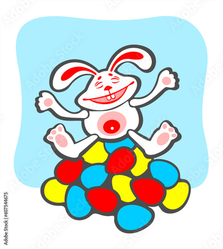 Cheerful  rabbit and easter eggs  on a blue background. Easter illustration.