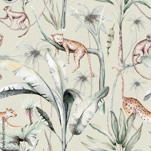 Photography Tropical watercolor birds hummingbird, monkey and jaguar, exotic jungle plants p