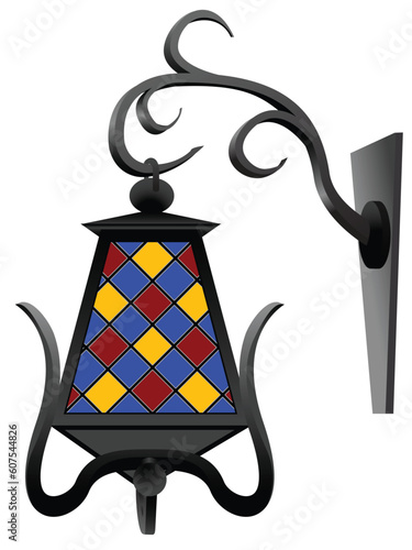 Antiquarian street lantern with multi-coloured glass in a vector