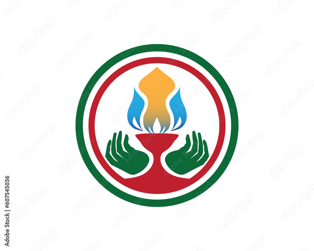 vector design of a logo or symbol in round green, blue, red and yellow colors with a cup symbol in the center and a yellow and blue flame with both palms facing up vector design of a logo or symbol in round green, blue, red and yellow colors with a cup symbol in the center and a yellow and blue flame with both palms facing up