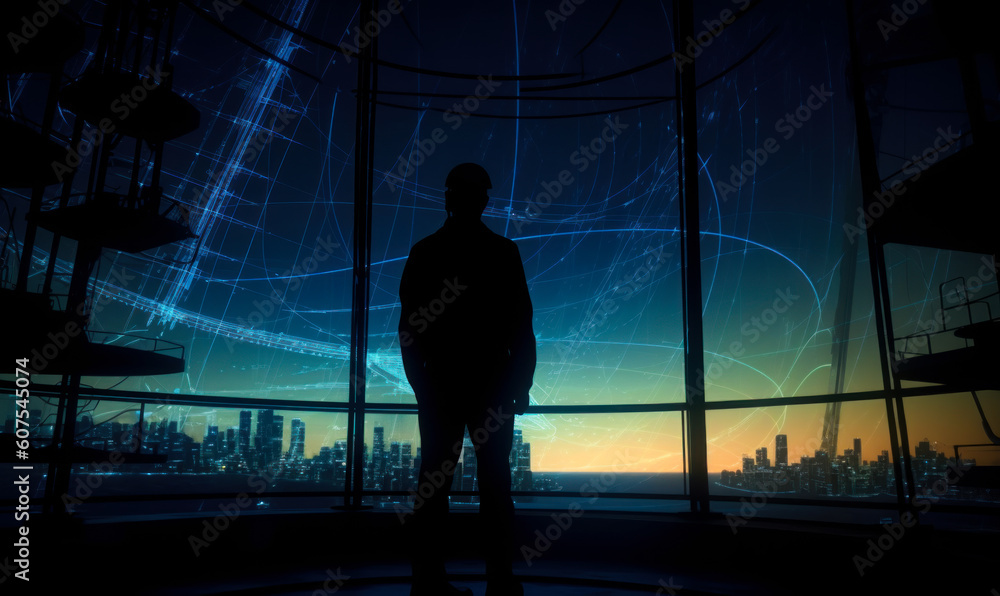 Fototapeta premium Engineering worker silhouette. Construction technology man. Generative AI.