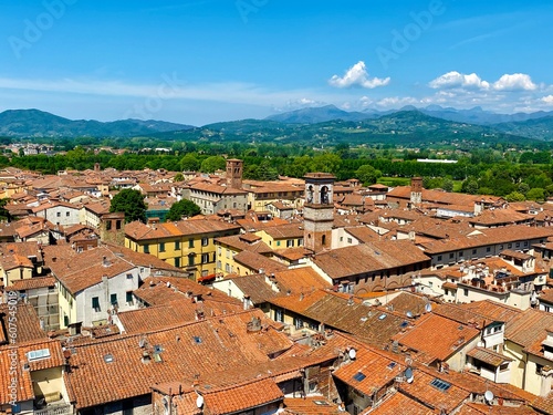 Overlooking view of Lucca, a fully walled Renaissance city in Tuscany, Central Italy. The walls play an important role in the cultural identity of the city of Lucca and its surroundings. 