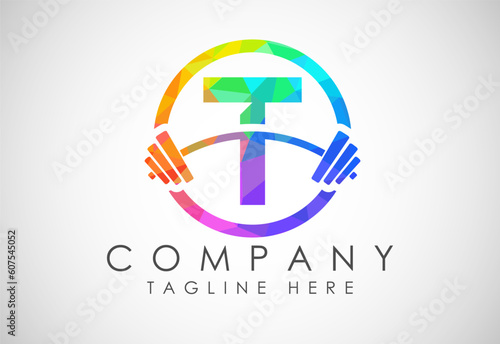 English alphabet T with a barbell low poly style. Lifting vector logo design. Vector logo for bodybuilding