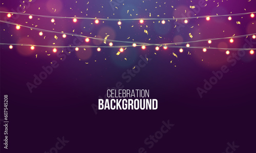 Lamp garlands with confetti on bright background. Template for party, carnival, christmas, birthday or presentation. Vector illustration.