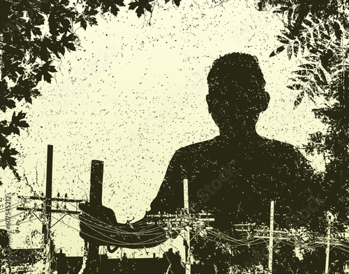 Editable vector illustration of a travelling man with grunge