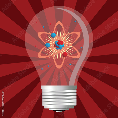 Light bulb with atom over starry red background