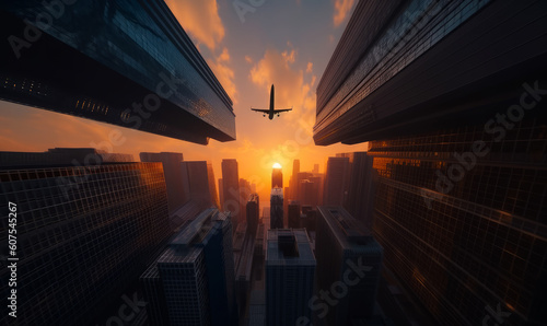 Airplane flying over cityscrapers. Skyline buildings business travel. Generative AI.