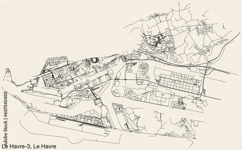 Fototapeta premium Detailed hand-drawn navigational urban street roads map of the LE HAVRE-3 CANTON of the French city of LE HAVRE, France with vivid road lines and name tag on solid background