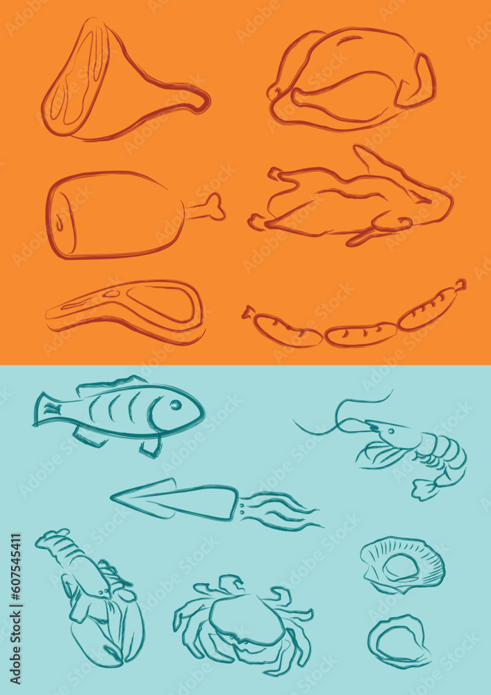 a vector illustration for a variety of meats in artistic outline