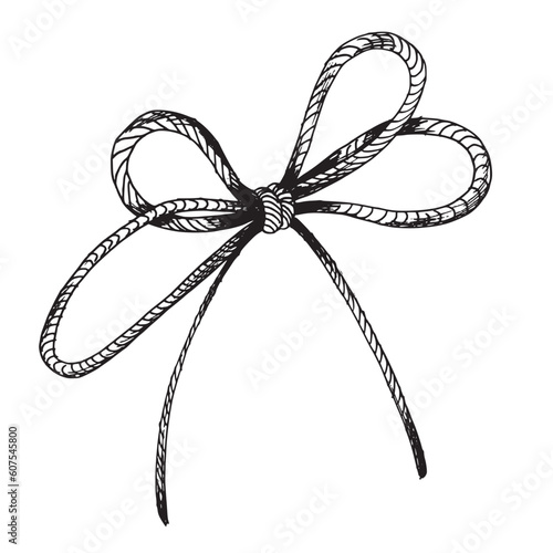 Jute rope bow, hand drawn illustration in black ink, graphic. EPS vector. Isolated object on a white background. © NATASHA-CHU