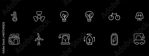 Collection of vector icons representing ecological energy. Renewable energy, sustainability, green power. Pastel color background. Vector white set icon on a black background
