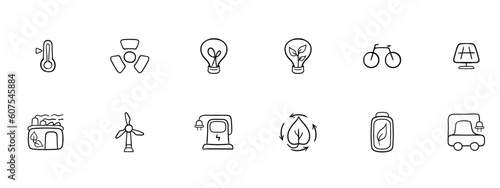 Set of vector icons representing ecological energy. Renewable energy, sustainability, green power, solar energy. Vector black set icon on a white background