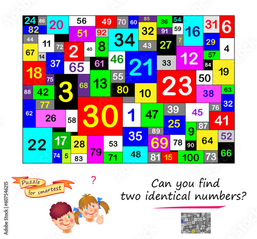 Logic puzzle for children and adults. Can you find two identical numbers? Page for kids brain teaser book. Task for attentiveness.  IQ test. Play online. Vector cartoon illustration.