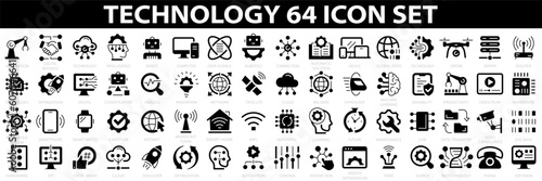 Technology 64 icon set. Concept factory of the future ai, robot, iot, near field communication, programming, biometric, cloud computing and more. Vector illustration